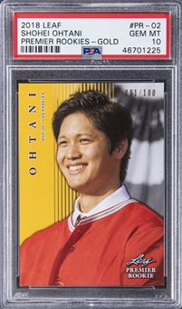 2018 Leaf Premier Rookies Gold #PR02 Shohei Ohtani Rookie Card (#091/100) - PSA GEM MT 10